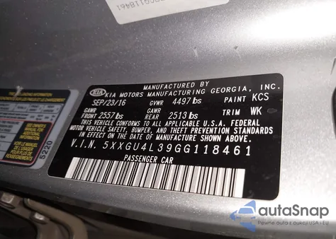 2016 Kia Optima Ex z USA, uszkodzony, nr VIN 5XXGU4L39GG118461